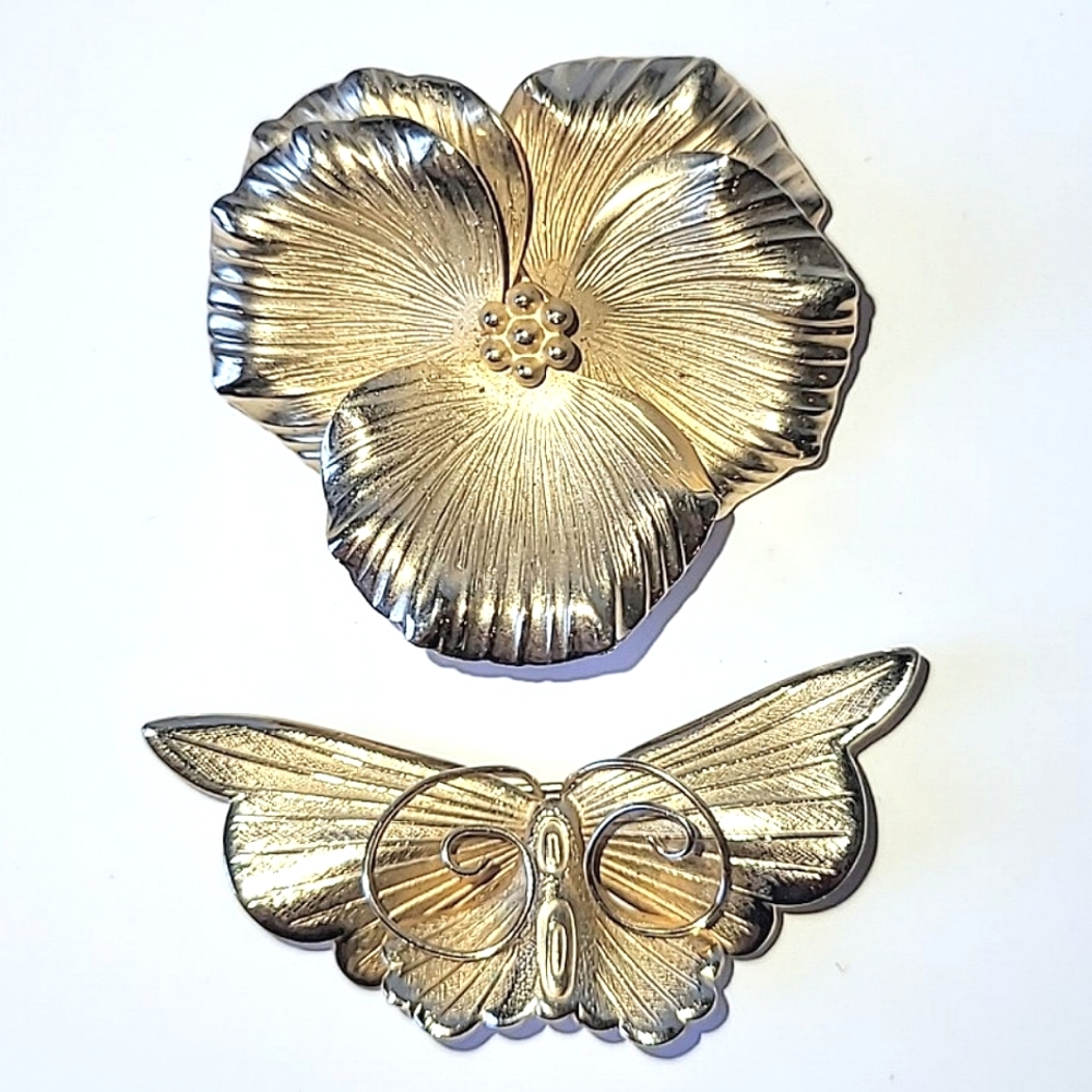 GIOVANNI BROOCHES - PANSY FLOWER & BUTTERFLY GOLDTONE - Picture 12 of 12